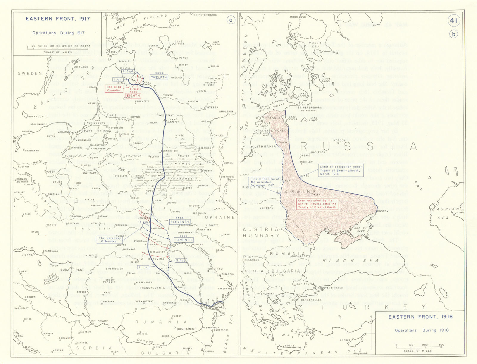 World War 1. Eastern Front 1917 & 1918 Operations. Kerensky Offensive 1959 map